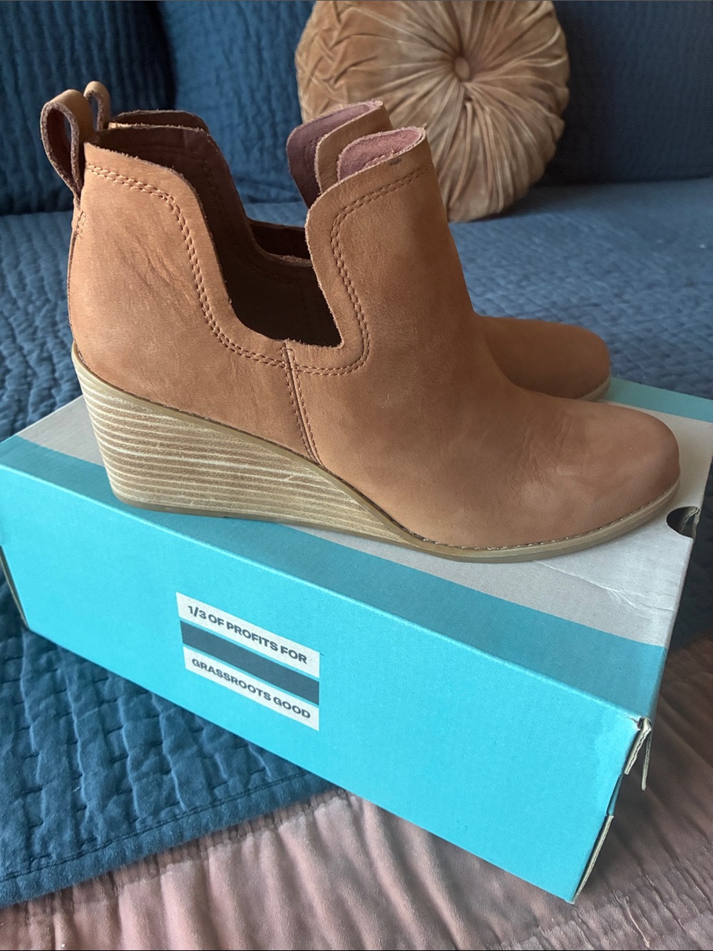 Toms Tan Suede Wedge Ankle Booties